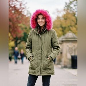 Cat & Jack Olive Green Puffer Parka with Hot Pink Faux-Fur Hood